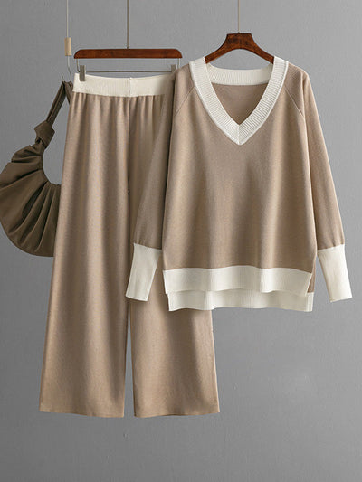 High-Low Contrast Color Split-Side V-Neck Sweater Tops + Elasticity Pants Trousers Two Pieces Set