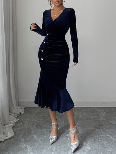 Bodycon High Waisted Buttoned Pleated Solid Color Velvet V-Neck Midi Dresses