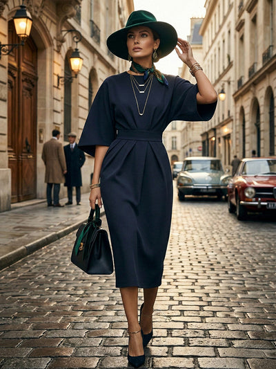 Batwing Sleeves Elasticated Waist Pleated Solid Color Split-Joint Round-Neck Midi Dresses