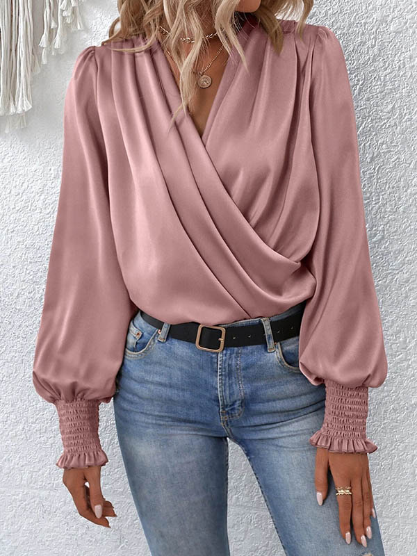 Long Sleeves Loose Elasticity Solid Color V-Neck Blouses&Shirts Tops
