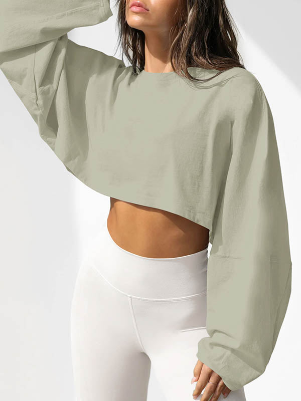 Long Sleeves Loose Solid Color Split-Joint Round-Neck Sweatshirt Tops