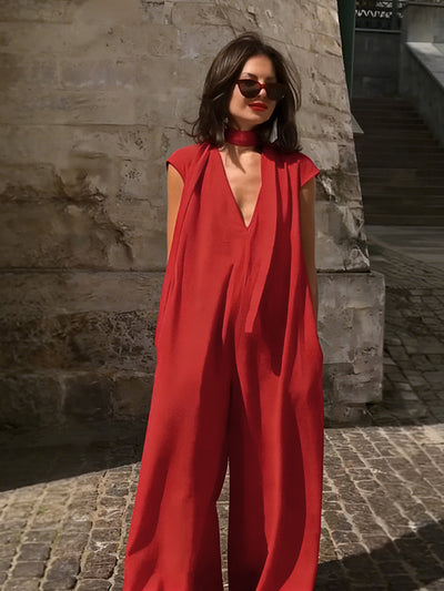 Loose Wide Leg Pockets Solid Color Streamer Deep V-Neck Jumpsuits