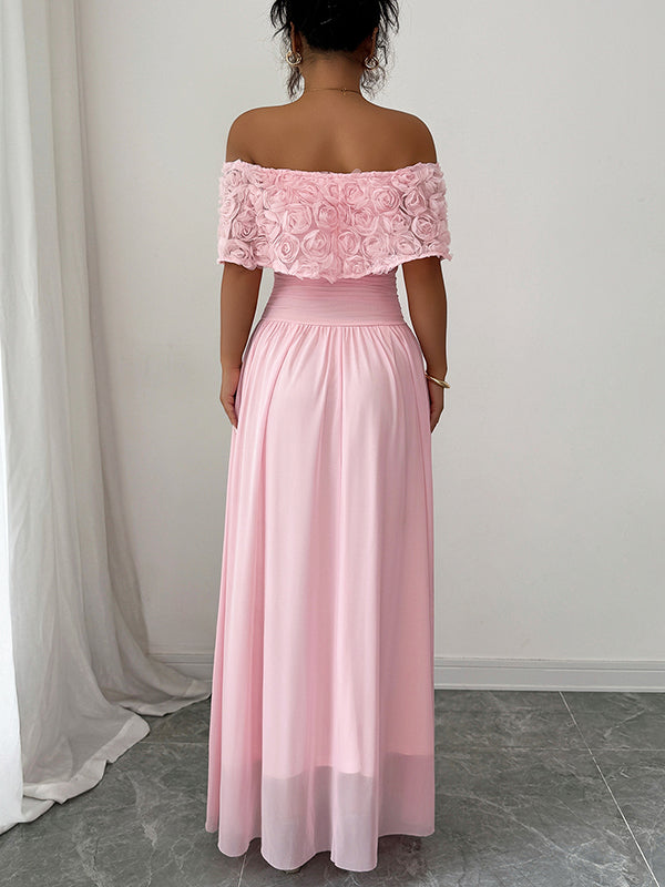 A-Line Half Sleeves Pleated Solid Color Split-Joint Three-Dimensional Flower Off-The-Shoulder Maxi Dresses