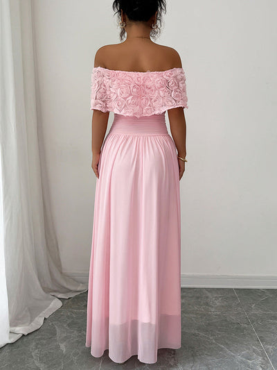 A-Line Half Sleeves Pleated Solid Color Split-Joint Three-Dimensional Flower Off-The-Shoulder Maxi Dresses