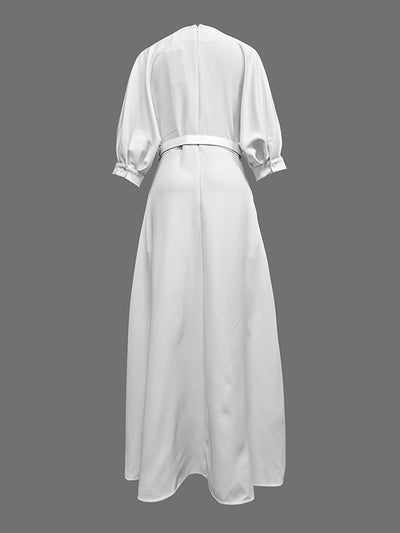 Half Sleeves Loose Belted Solid Color Deep V-Neck Maxi Dresses