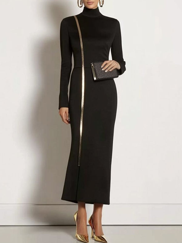 Bodycon Long Sleeves Asymmetric Split-Joint High Neck Maxi Dresses