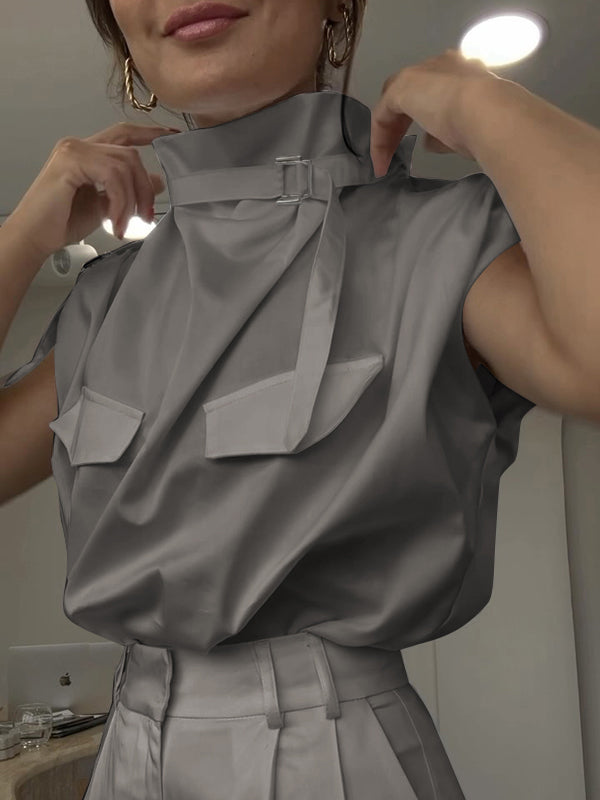 Loose Sleeveless Buckle Solid Color Stand Collar Blouses&Shirts Tops