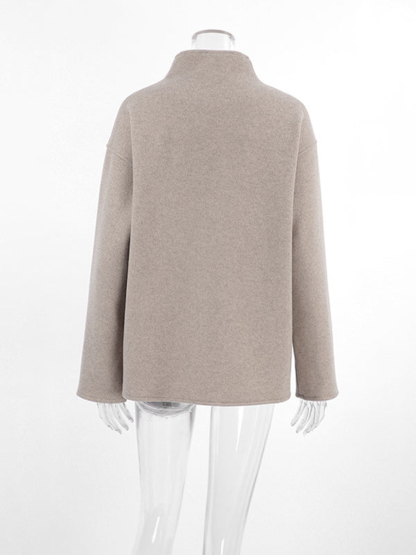 Long Sleeves Loose Buttoned Stand Collar Woolen Coat