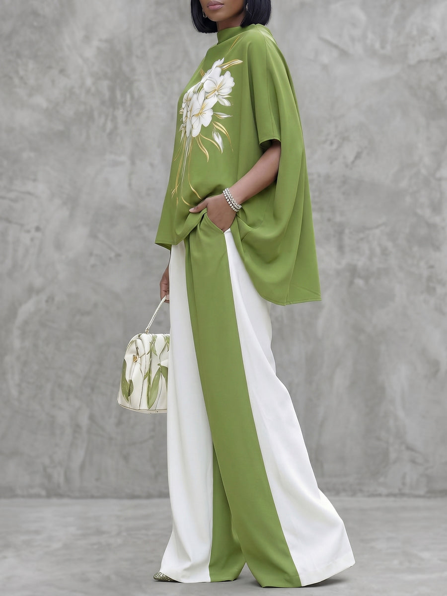 Half Sleeves High-Low Contrast Color Floral Printed High Neck Blouses&Shirts Tops