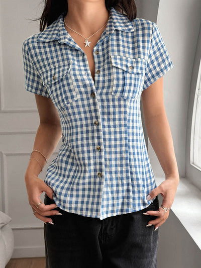 Short Sleeves Skinny Buttoned Contrast Color Plaid Split-Joint Lapel Blouses&Shirts Tops
