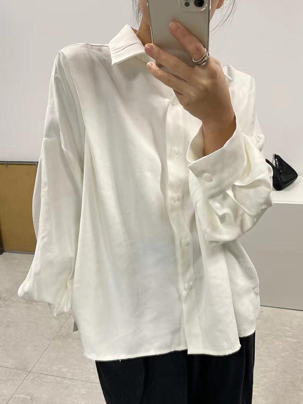 Long Sleeves Loose Buttoned Pleated Solid Color Lapel Collar Blouses&shirts Tops