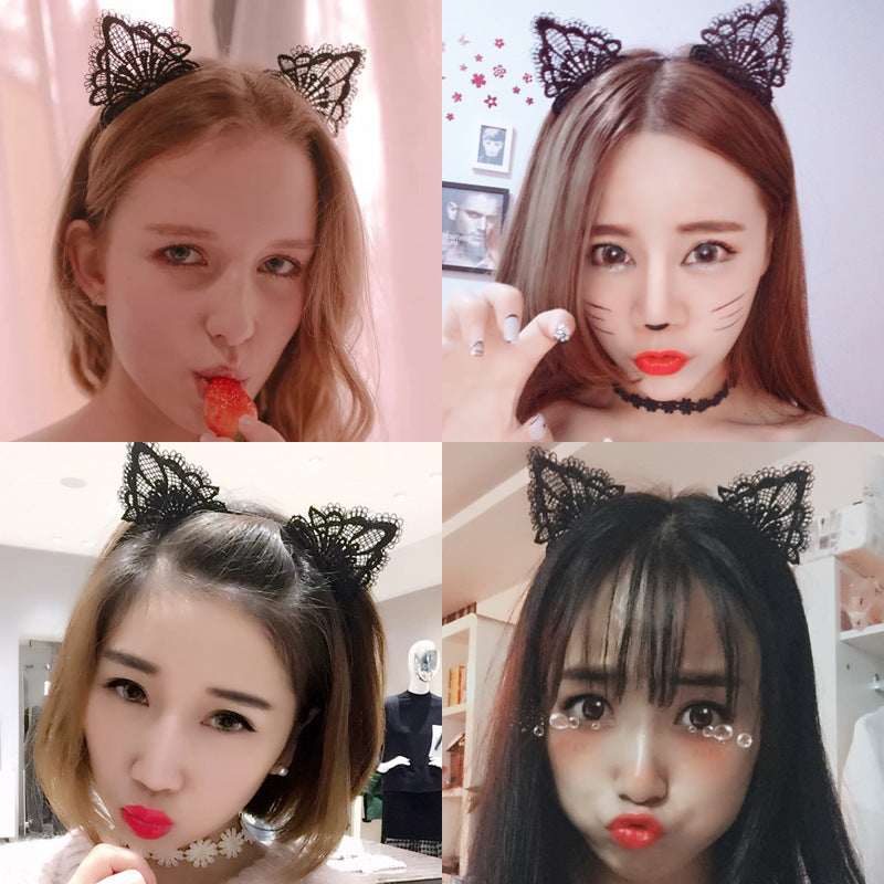 retro cat ears lace handmade hair band 1 piece