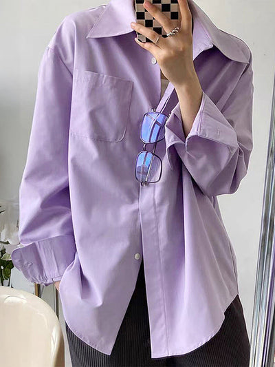 Long Sleeves Loose Buttoned Pockets Solid Color Lapel Blouses&Shirts Tops