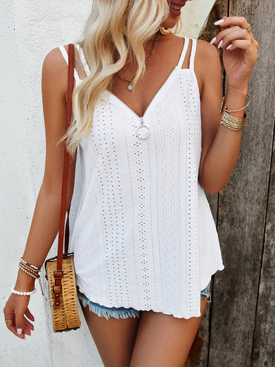 Loose Sleeveless Jacquard Solid Color Zipper Spaghetti-Neck Vest Top