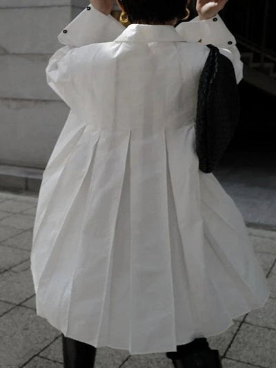 Long Sleeves Buttoned Pleated Solid Color Lapel Midi Dresses Shirt Dress
