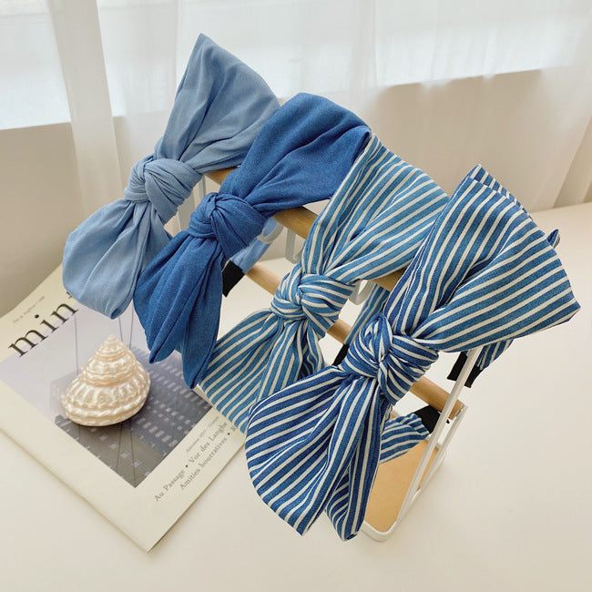 korean simple double-layer bow-knot denim  striped floral wide-brim headband
