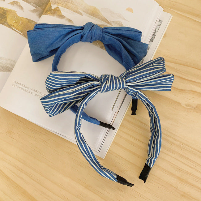 korean simple double-layer bow-knot denim  striped floral wide-brim headband