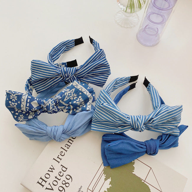 korean simple double-layer bow-knot denim  striped floral wide-brim headband