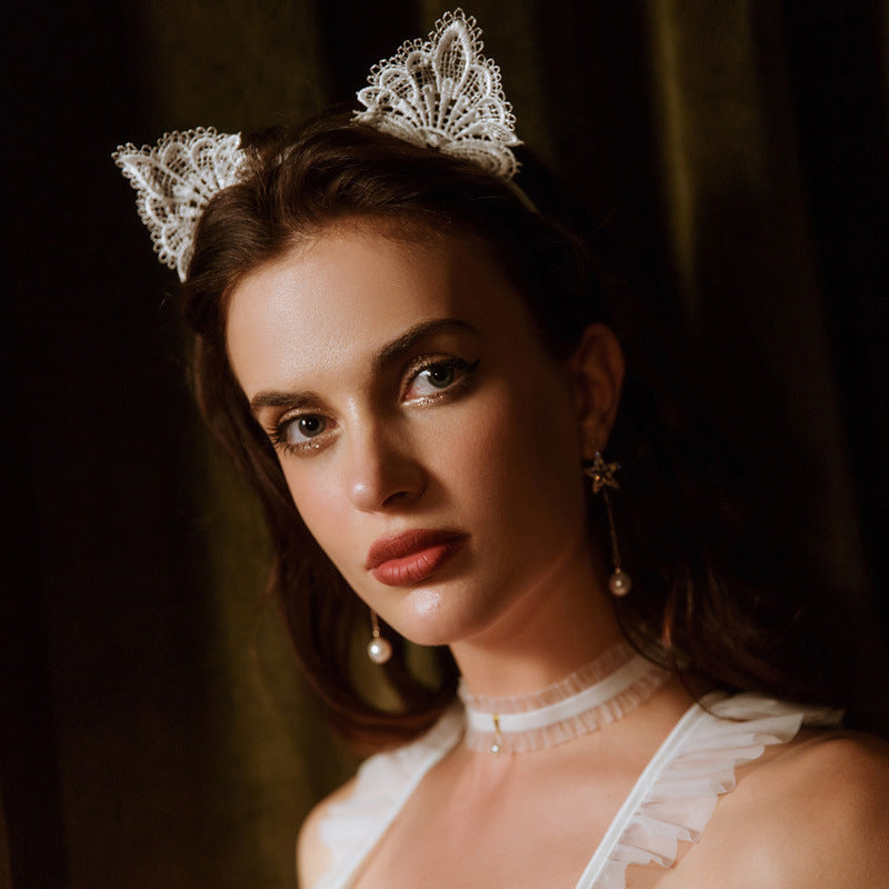 retro cat ears lace handmade hair band 1 piece