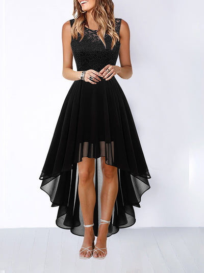 A-Line High Waisted Pleated See-Through Split-Joint Tied Waist Round-Neck Maxi Dresses