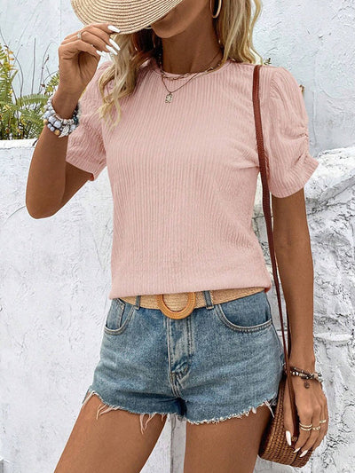 Loose Short Sleeves Pleated Solid Color Round-Neck T-Shirts Tops