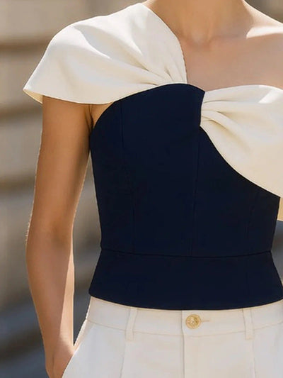 Loose Asymmetric Contrast Color Pleated Split-Joint One-Shoulder Blouses&Shirts Tops