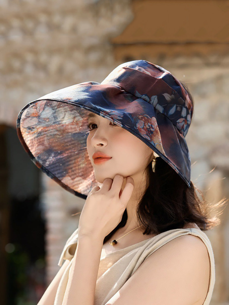 Women Summer Artsy Flower Large Brim Sunproof Hat