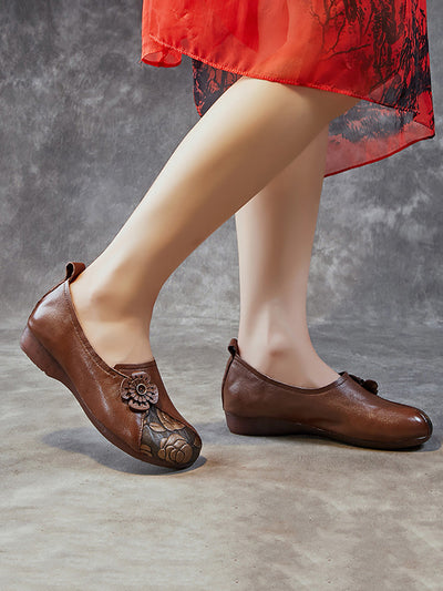 Women Retro Flower Leather Spliced Low Heel Shoes