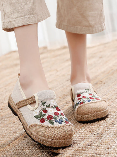 Women Ethnic Flower Embroidery Flat Linen Shoes