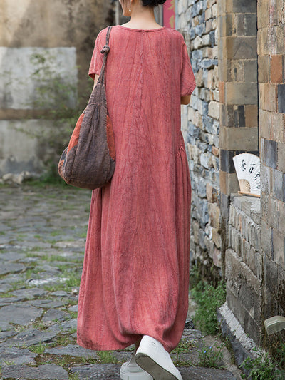 Women Summer Artsy Pure Color O-Neck Linen Dress