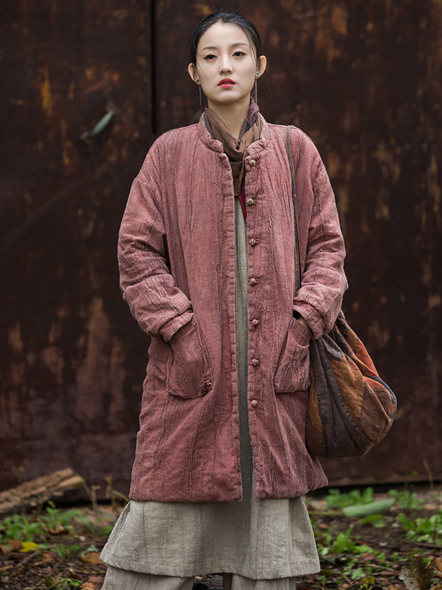 Women Winter Ethnic Solid Ramie Padded Long Coat