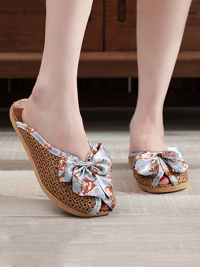 Women Ethnic Straw Weave Flower Bowknot Indoor Slippers