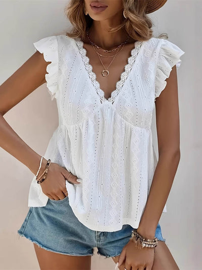 A-Line Loose Hollow Pleated Ruffled Solid Color Split-Joint Textured V-Neck Blouses&Shirts Tops