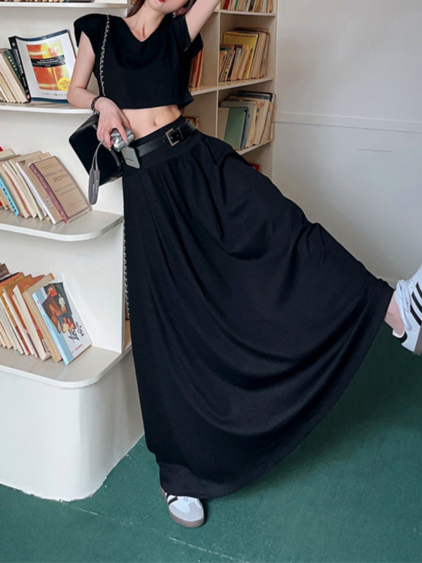 A-Line High Waisted Belted Pleated Solid Color Skirts Bottoms