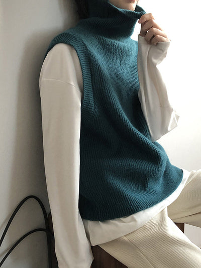 Casual Loose Sleeveless Solid Color High-Neck Sweater Vest Outerwear