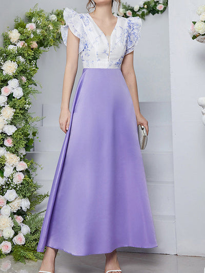 High Waisted Petal Sleeves Printed Split-Joint Deep V-Neck Maxi Dresses