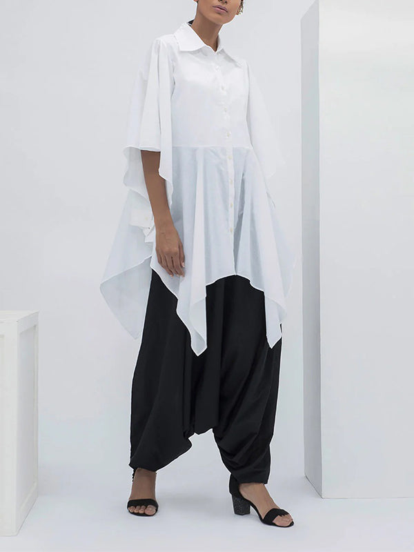 Flared Sleeves Half Sleeves Buttoned Solid Color Split-Joint Lapel Blouses&Shirts Tops