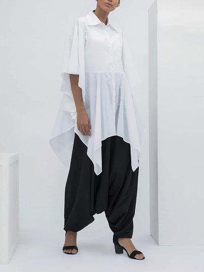 Flared Sleeves Half Sleeves Buttoned Solid Color Split-Joint Lapel Blouses&Shirts Tops