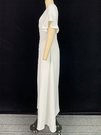 A-Line Flared Sleeves Shiny Solid Color Split-Joint Square-Neck Maxi Dresses