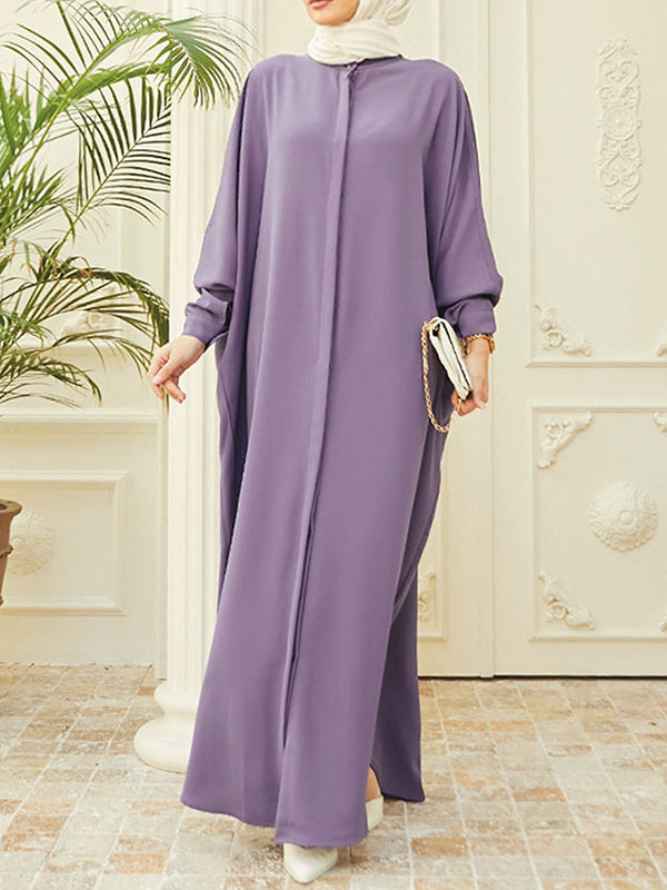 Batwing Sleeves Loose Buttoned Muslim Solid Color Split-Side Round-Neck Maxi Dresses