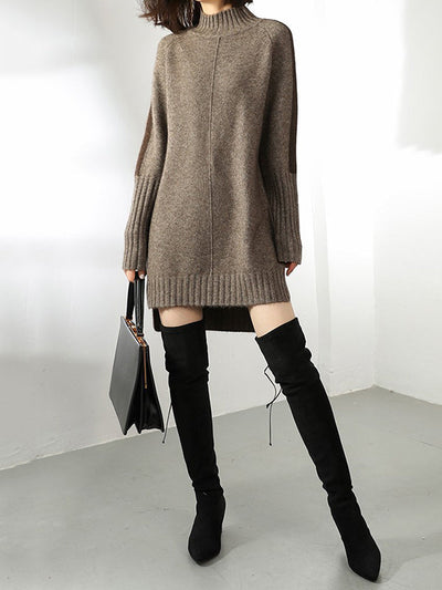 Loose Long Sleeves Contrast Color Half Turtleneck Sweater Dresses