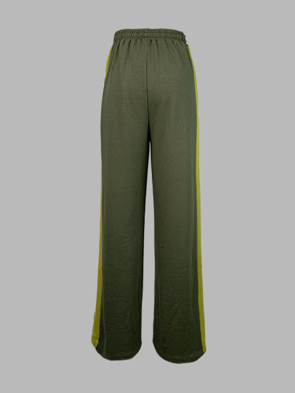 Loose Wide Leg Contrast Color Drawstring Elasticity Split-Joint Pants Trousers