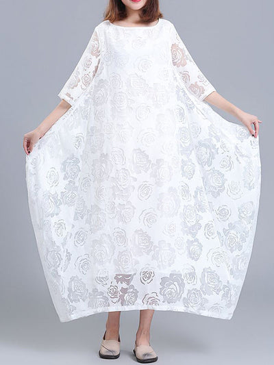 A-Line Half Sleeves Flower Print See-Through Solid Color Round-Neck Midi Dresses