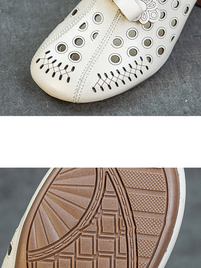 Women Summer Genuine Leather Hollow Out Mid Heel Slippers