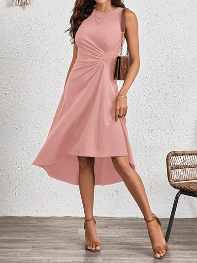 A-Line High Waisted Asymmetric Pleated Solid Color Split-Joint Round-Neck Midi Dresses