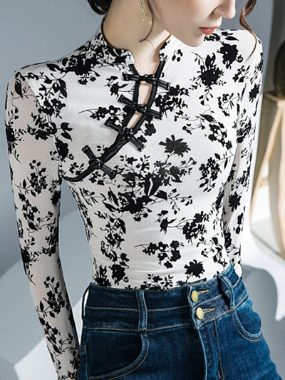 Long Sleeves Skinny Buttoned Flower Print Mesh Mock Neck T-Shirts Tops