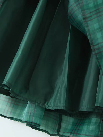 A-Line High Waisted Plaid Pleated Square-Neck Mini Dresses