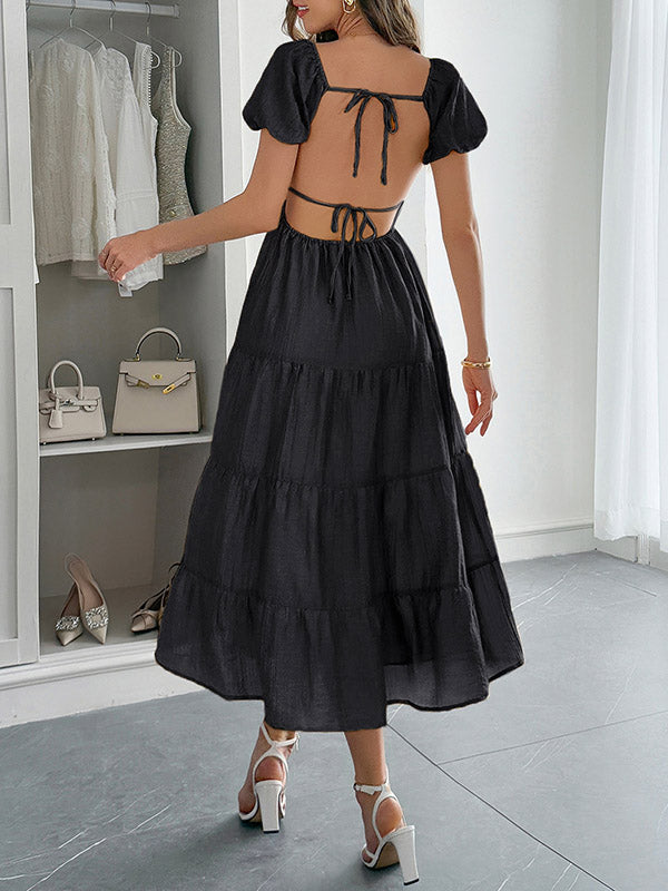 A-Line Loose Backless Pleated Solid Color Tied V-Neck Midi Dresses