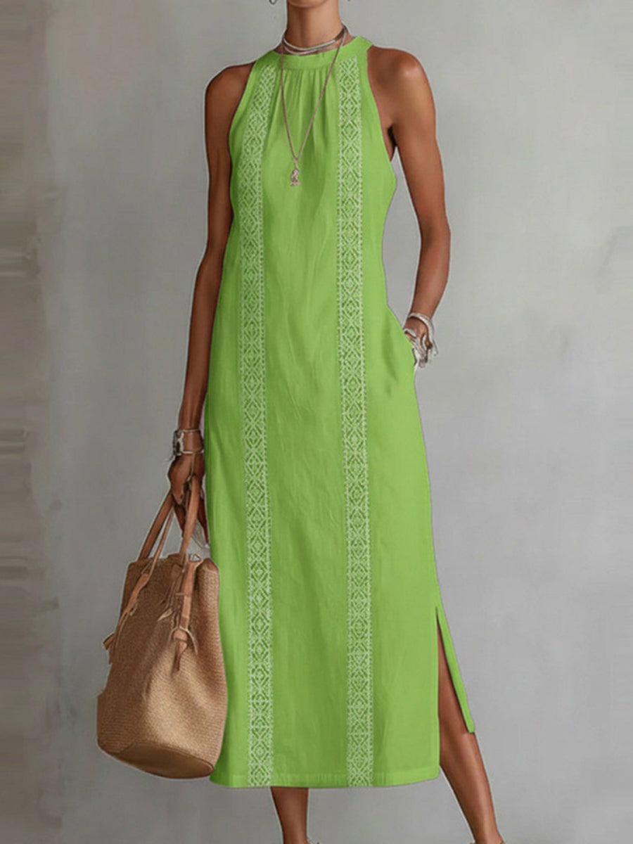 Sleeveless High-Waisted Pockets Printed Solid Color Halter-Neck Midi Dresses