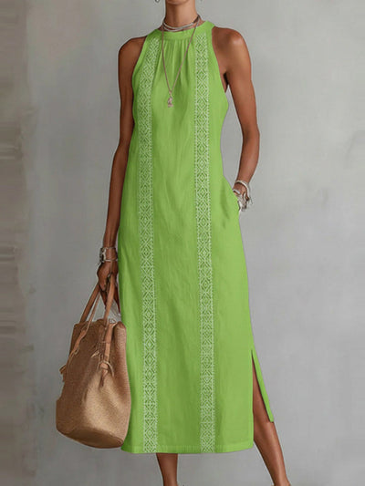 Sleeveless High-Waisted Pockets Printed Solid Color Halter-Neck Midi Dresses